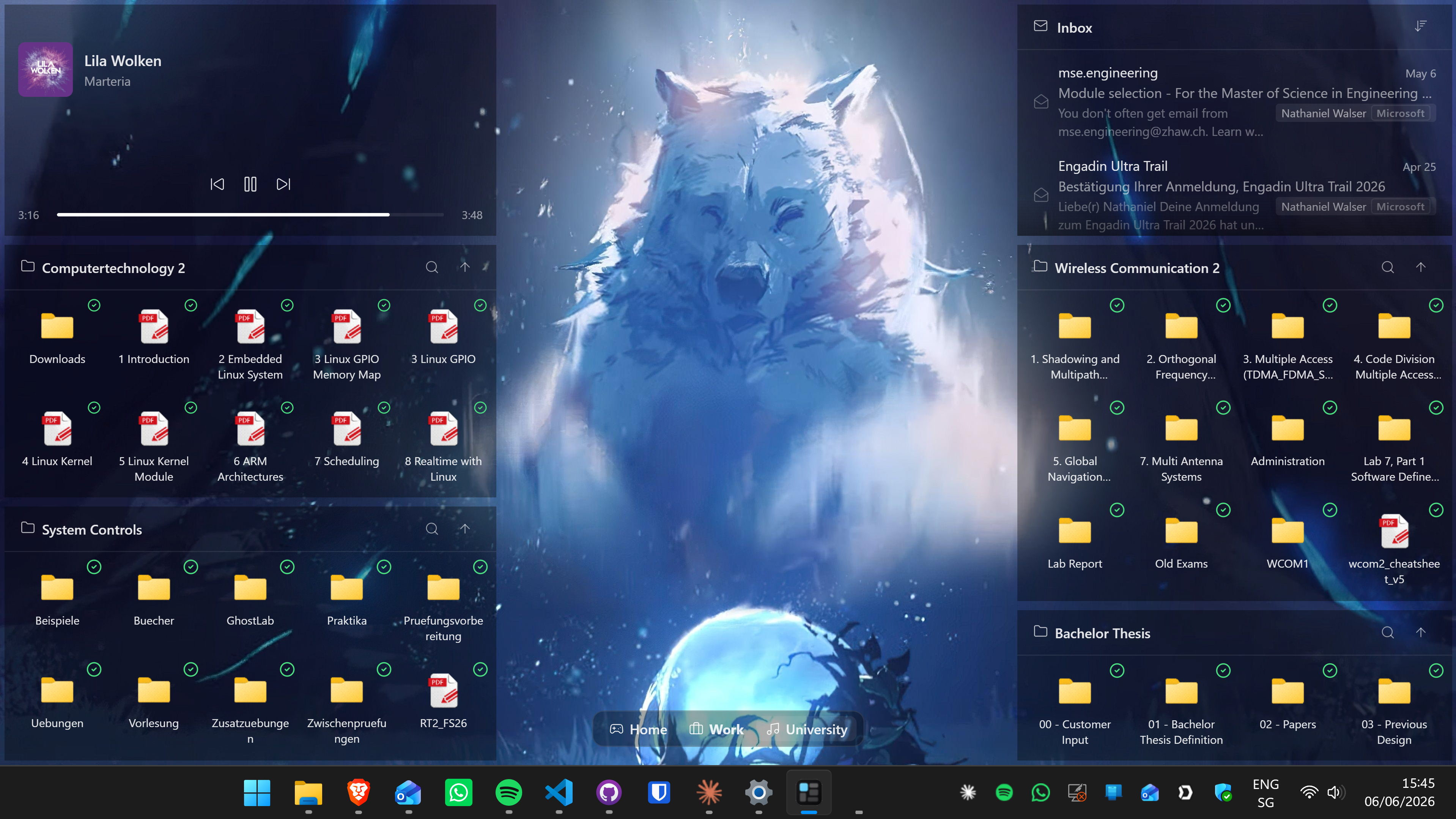 A Windows desktop organized with Themia — folder grids, a music player, an email inbox and to-do widgets arranged over a wolf wallpaper