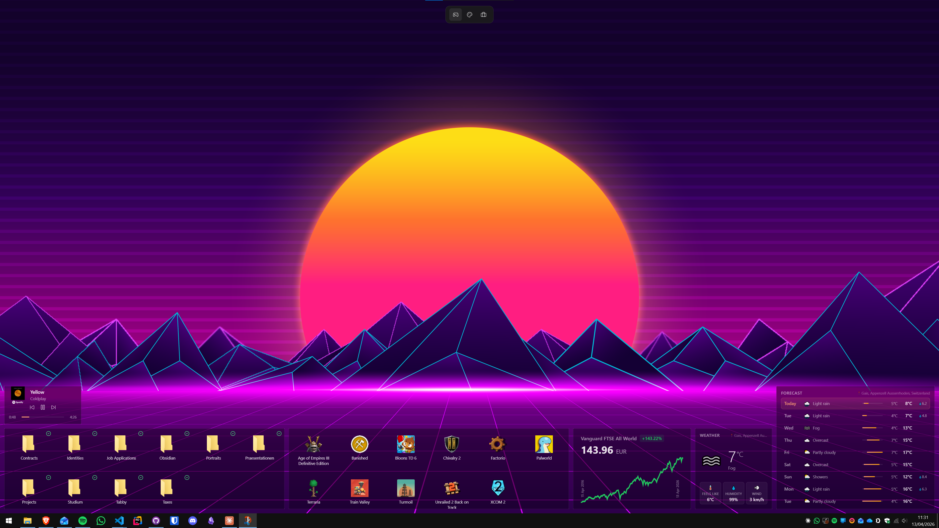 Themia transparent widgets with stock chart and weather on a synthwave wallpaper