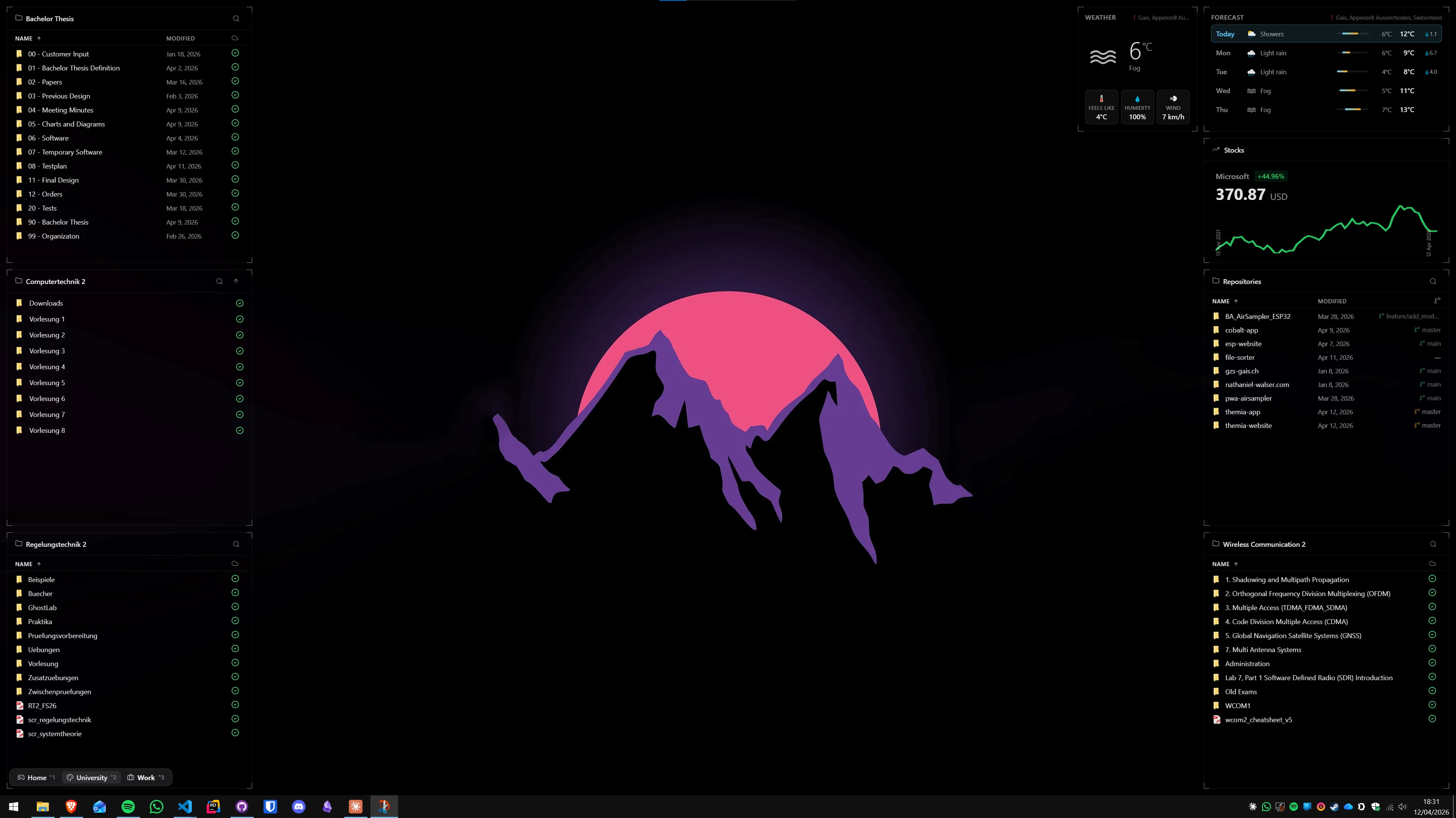 A Windows 11 desktop with Stardock Fences containers grouping application shortcuts, project files, and downloads into labelled sections on the wallpaper