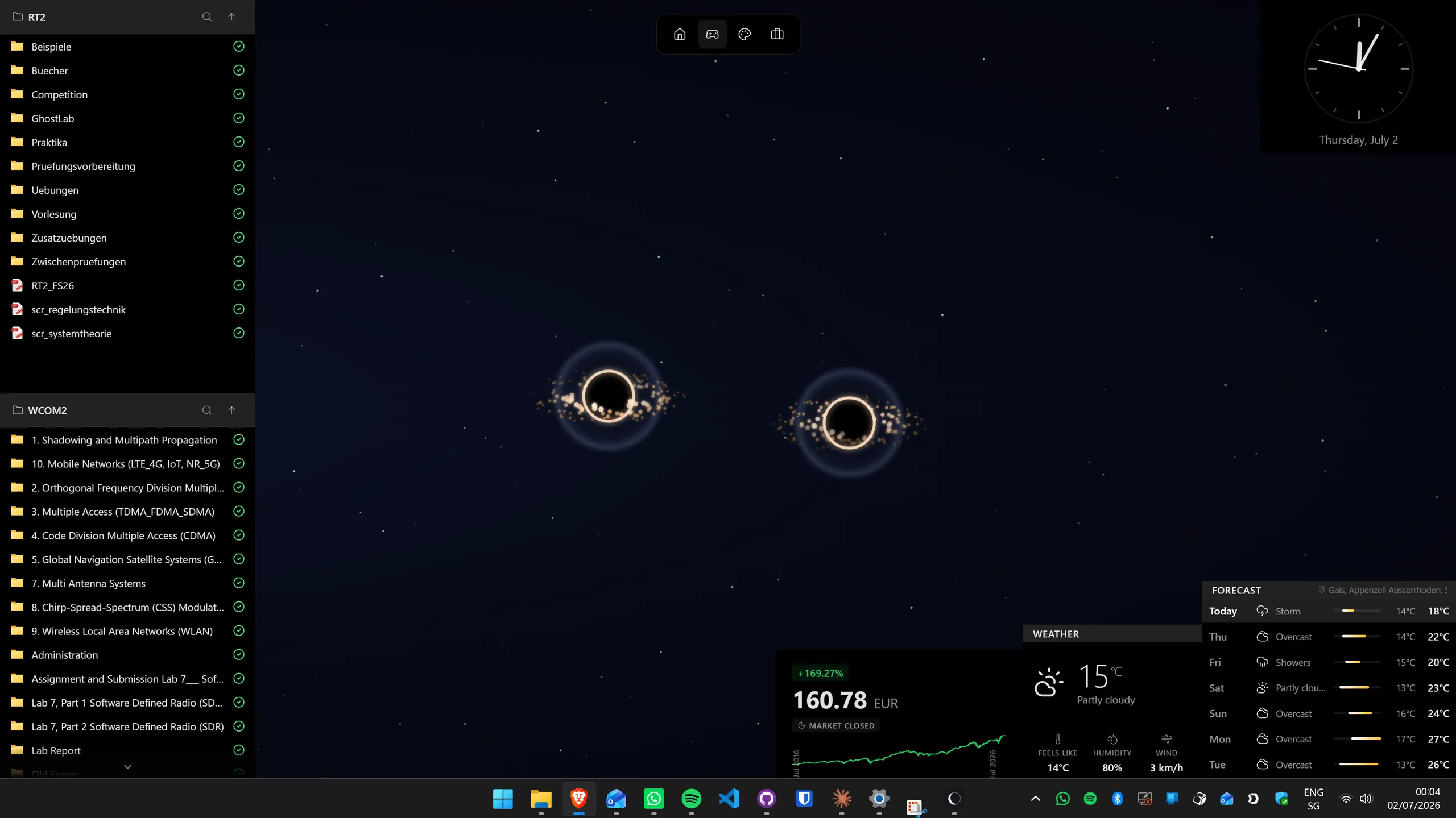 Layout de widgets do Themia em um desktop Windows 11 largo com ações, clima, tarefas e calendário lado a lado