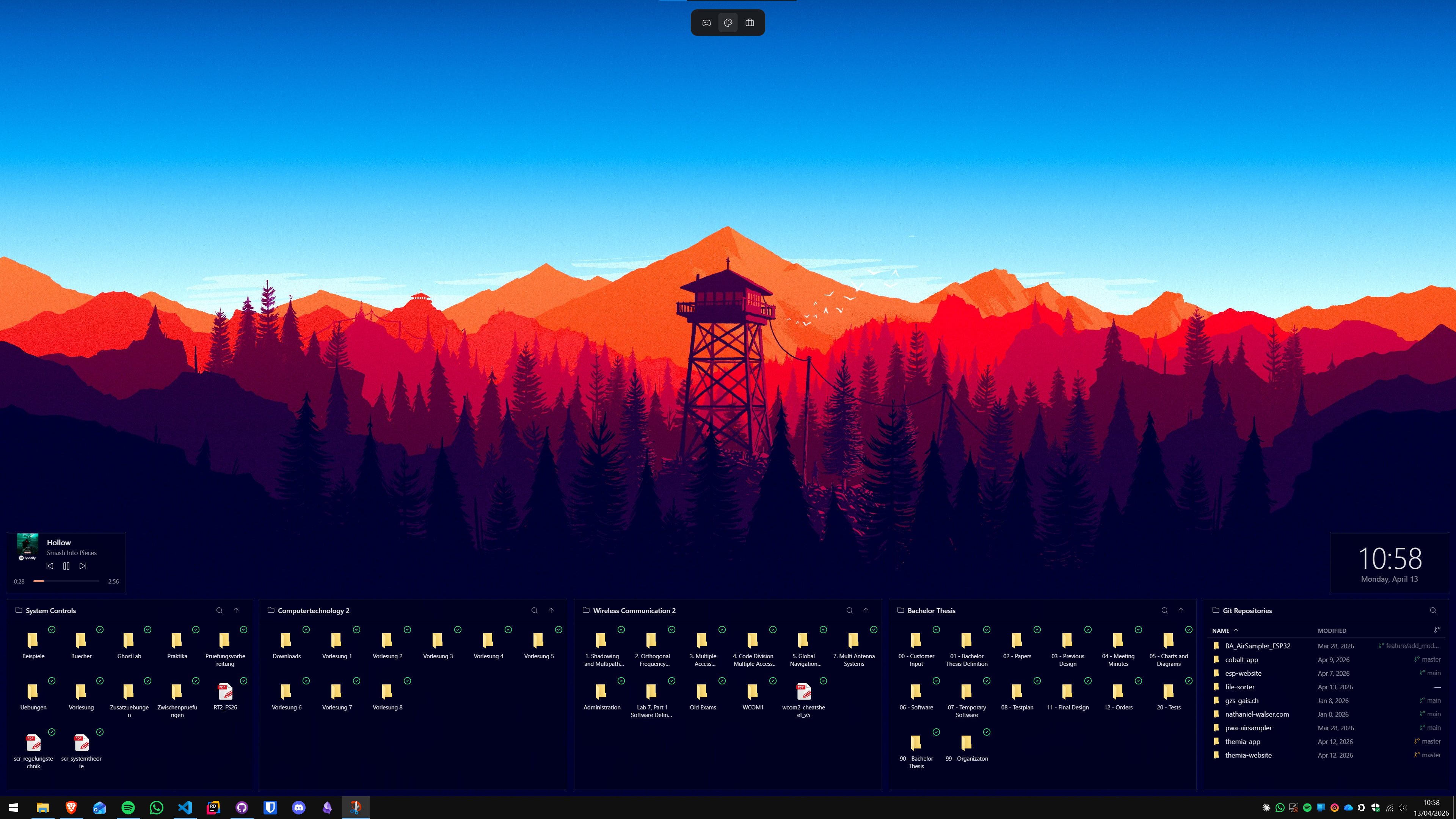 Themia folder grid widgets with clock and layout switcher on a Firewatch wallpaper