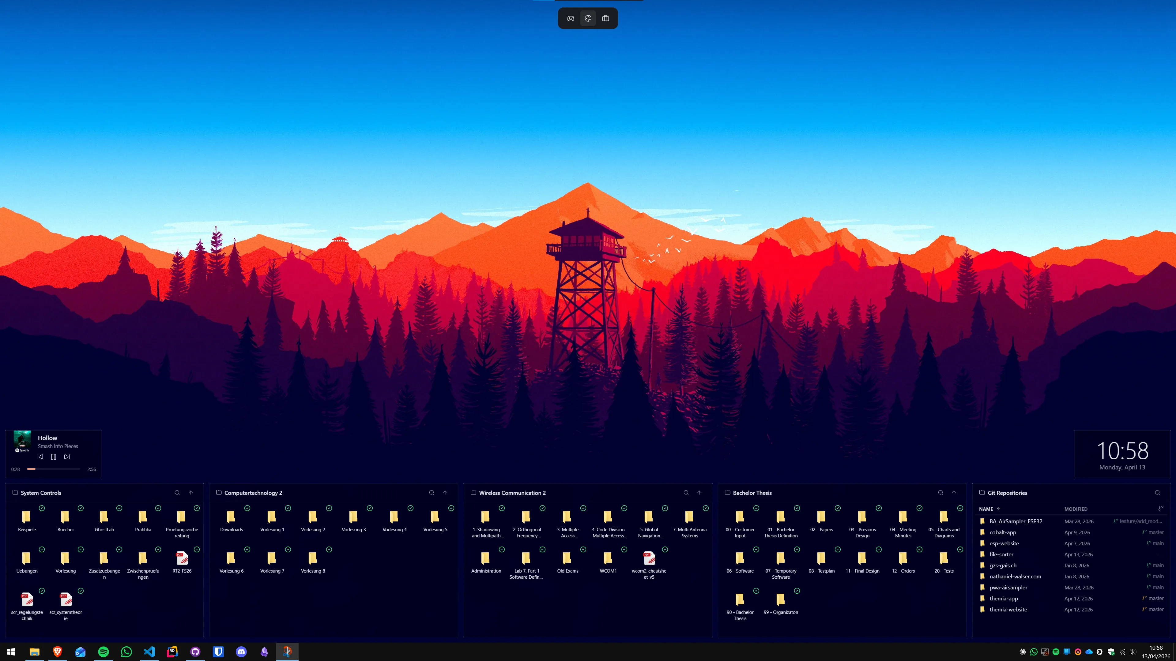 A Themia desktop with folder widgets on a Firewatch-style background