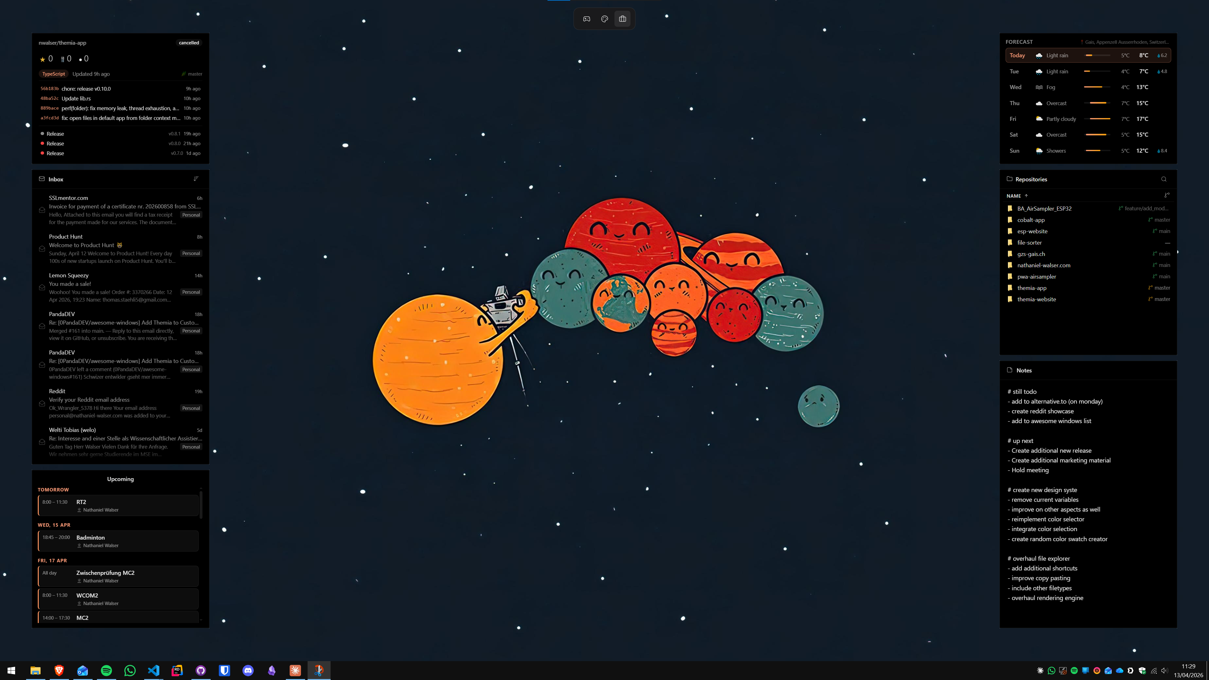 Themia productivity layout with email, calendar, system stats and GitHub widgets