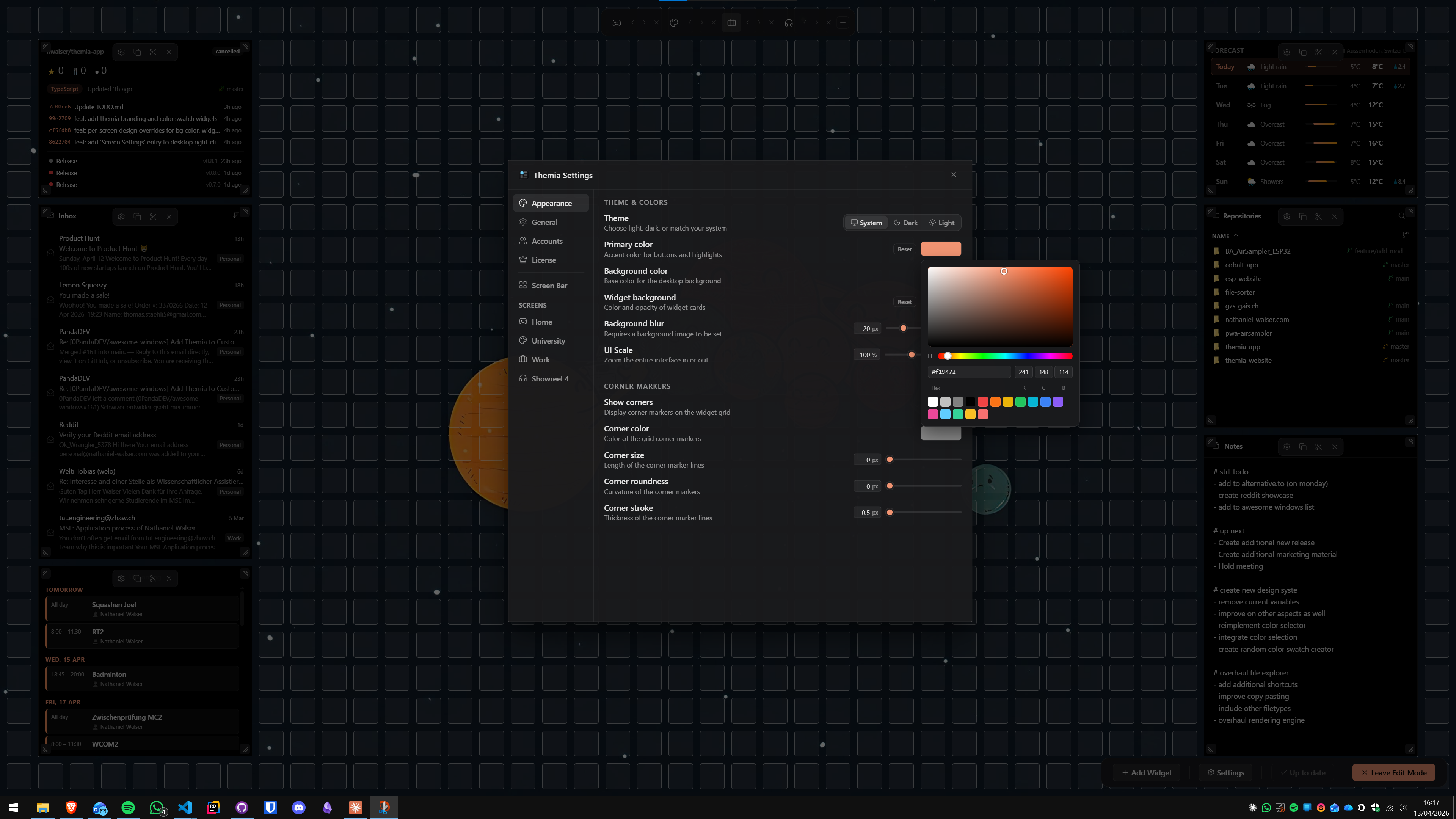 Themia settings panel showing appearance customization with color picker and theme options