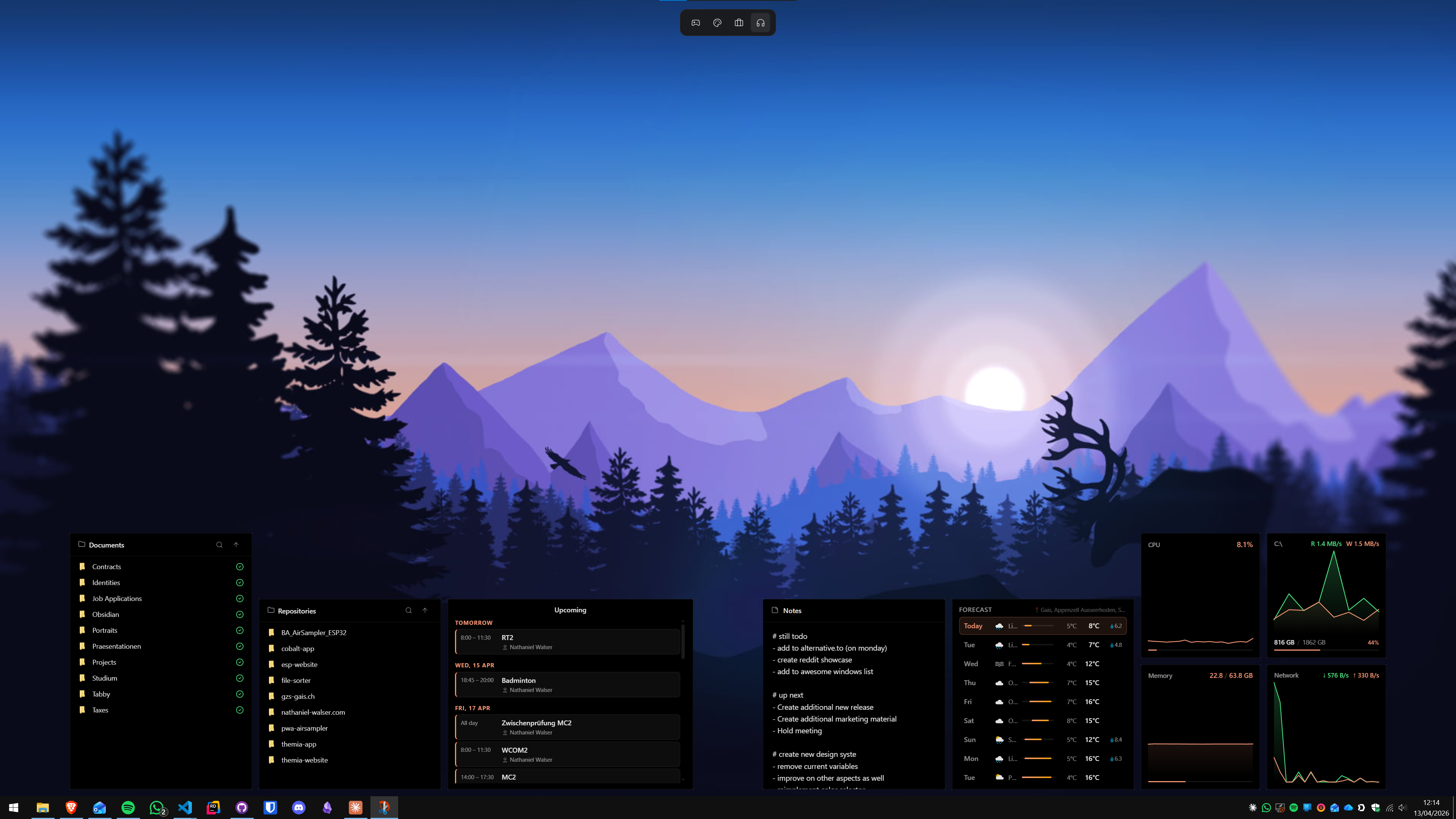 Themia widgets with mountain sunset wallpaper