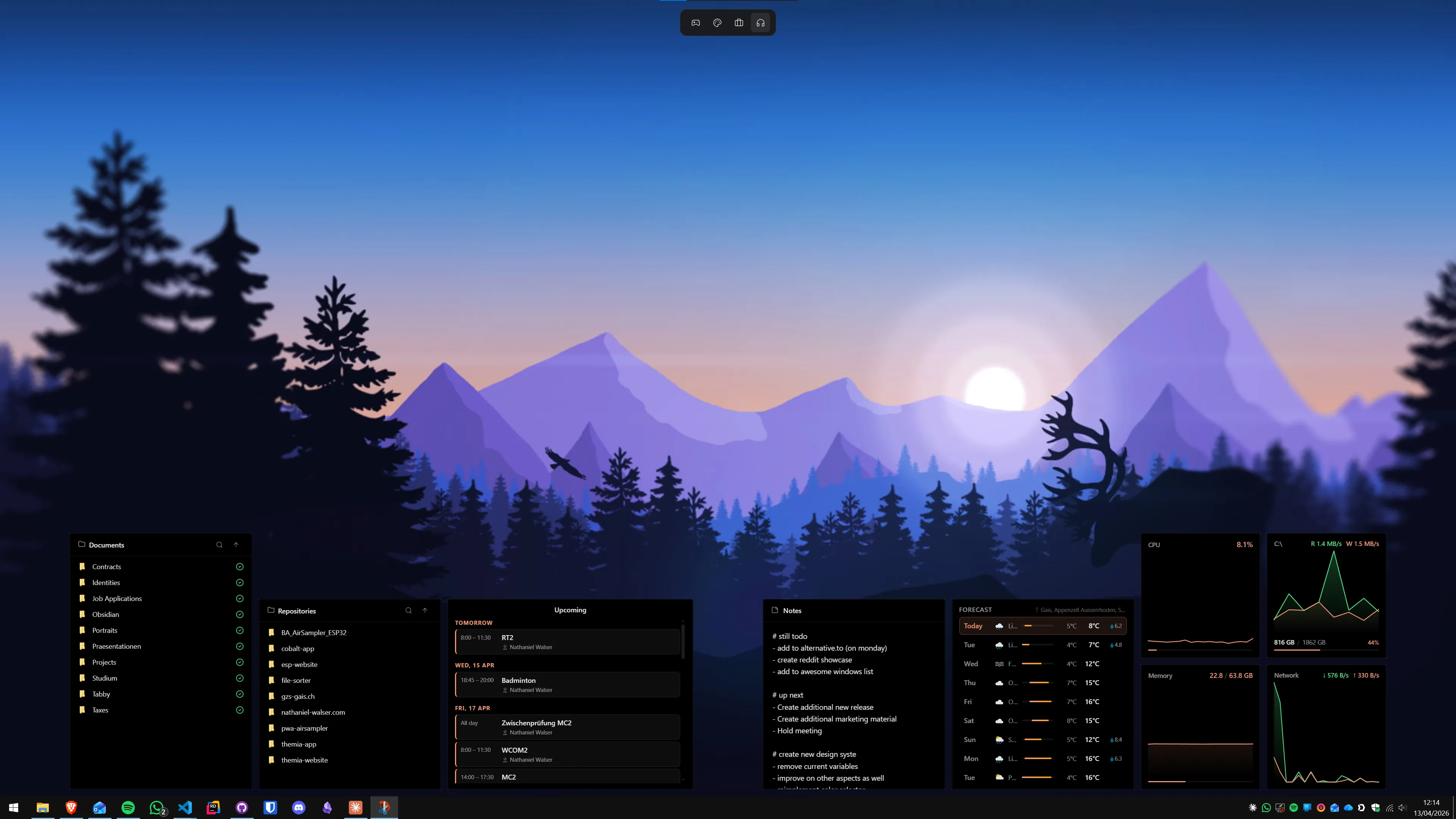 A Windows 11 desktop with Themia widgets showing weather forecast, calendar appointments, and CPU and RAM usage placed directly on the desktop background