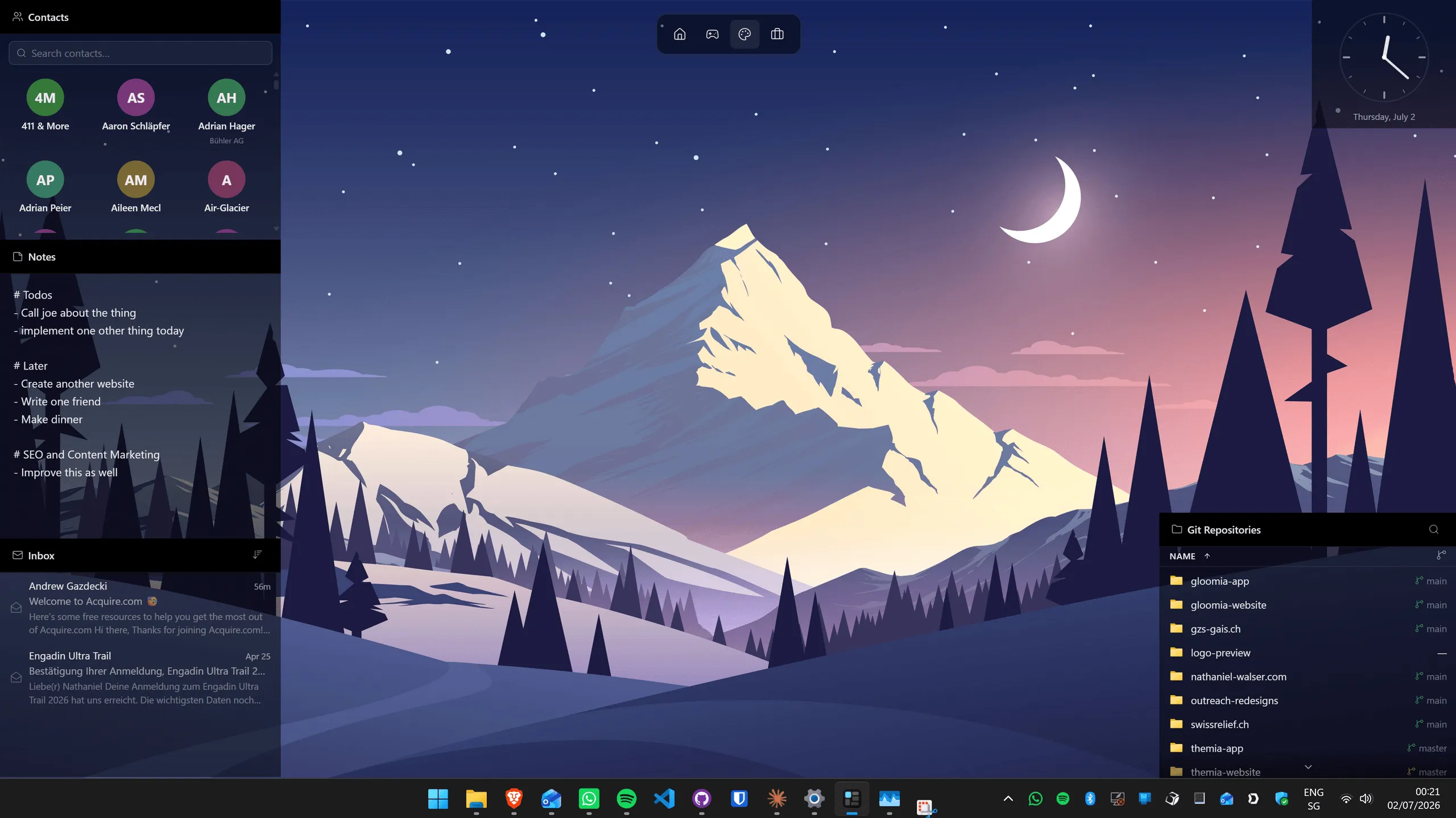 Themia Widget-Layout auf einem breiten Windows-11-Desktop mit Aktien-, Wetter- und Kalender-Widgets nebeneinander