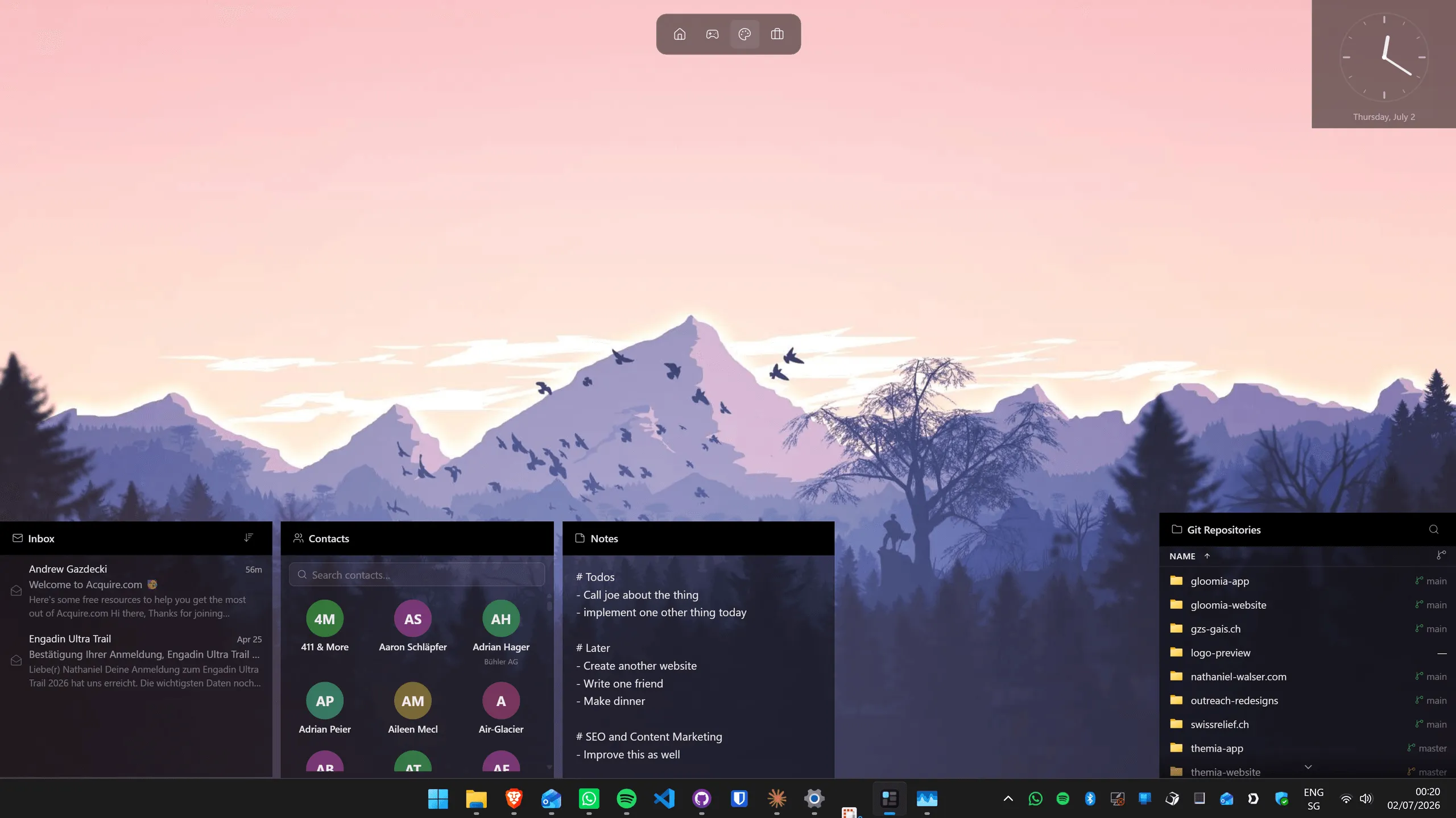 Escritorio Windows 11 con múltiples widgets de Themia incluyendo lista de tareas, clima y explorador de archivos